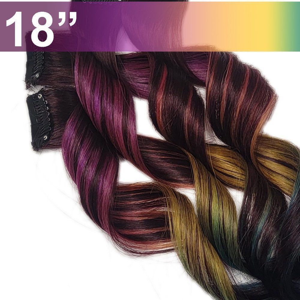 Rainbow Real Human Hair Extensions Clip in Black Root Subtle Rainbow Hairstyle